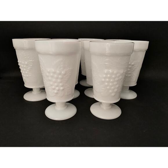 Set of 10 Footed Iced Tea Goblets - White Milk Glass Tumblers Embossed Grapes - Picture 5 of 10